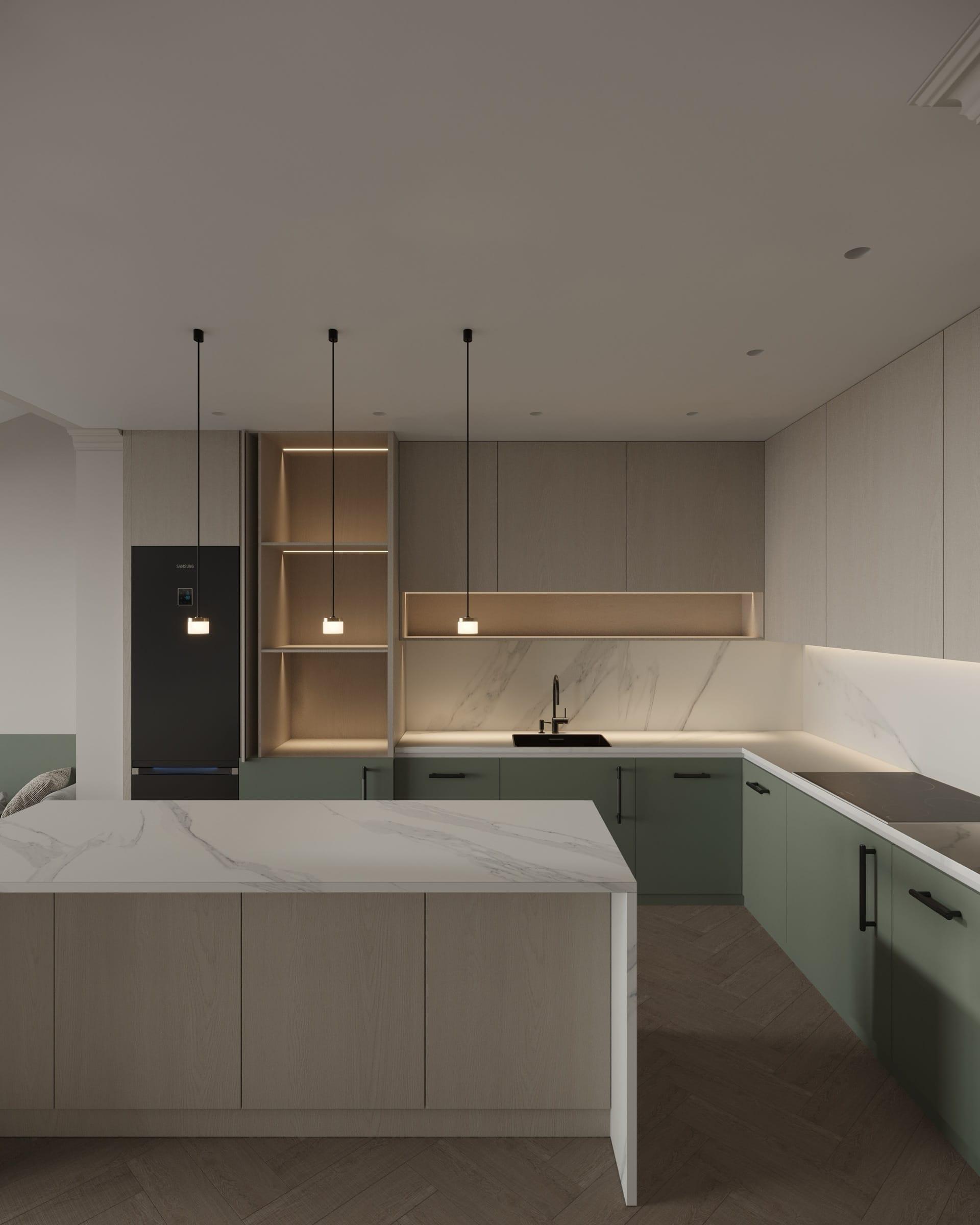 Kitchen with sage-green base units, a marble waterfall island and backlit shelving over herringbone oak