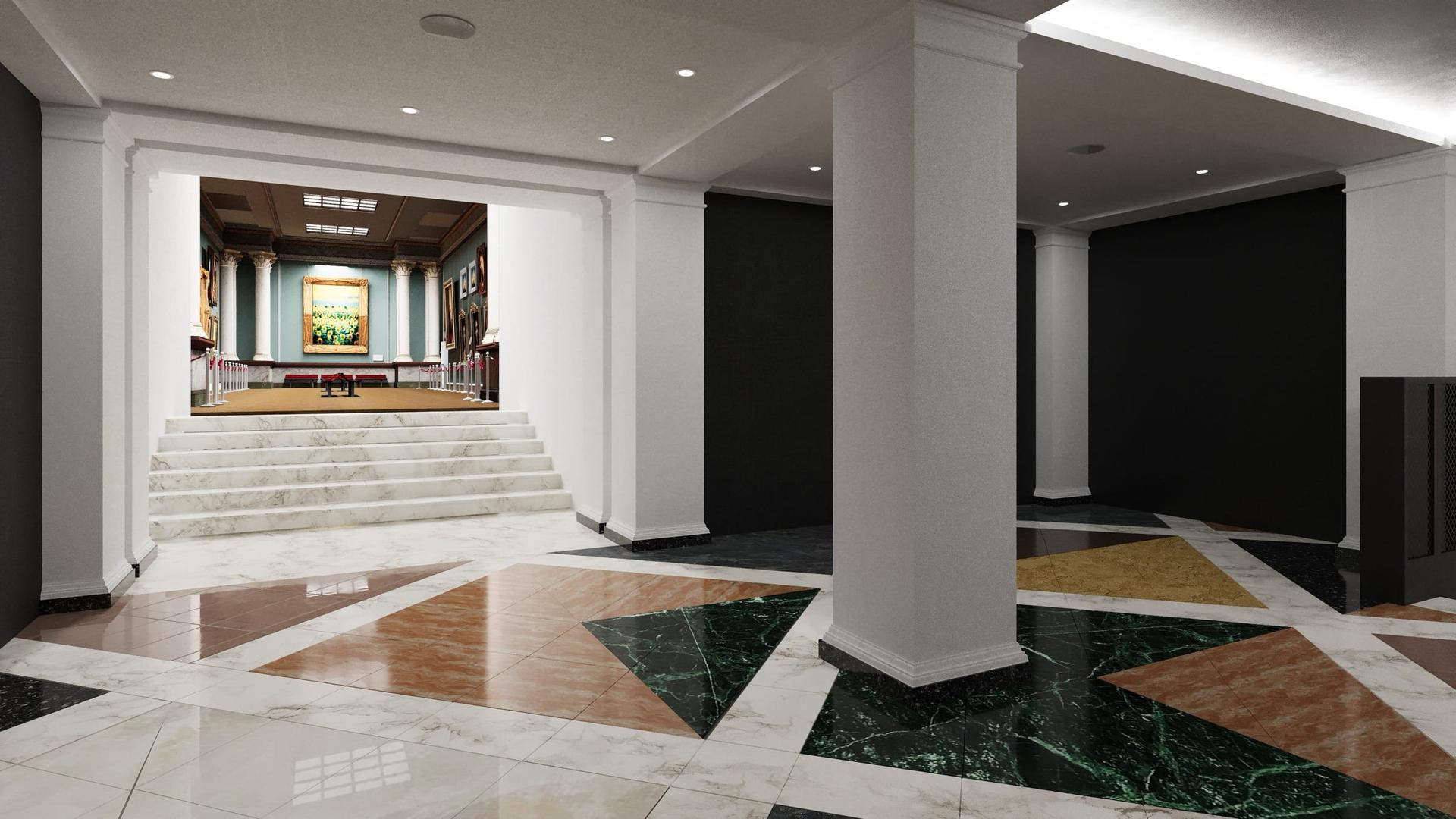 Geometric marble floor in white, green and rosso, laid around painted columns in a gallery entrance