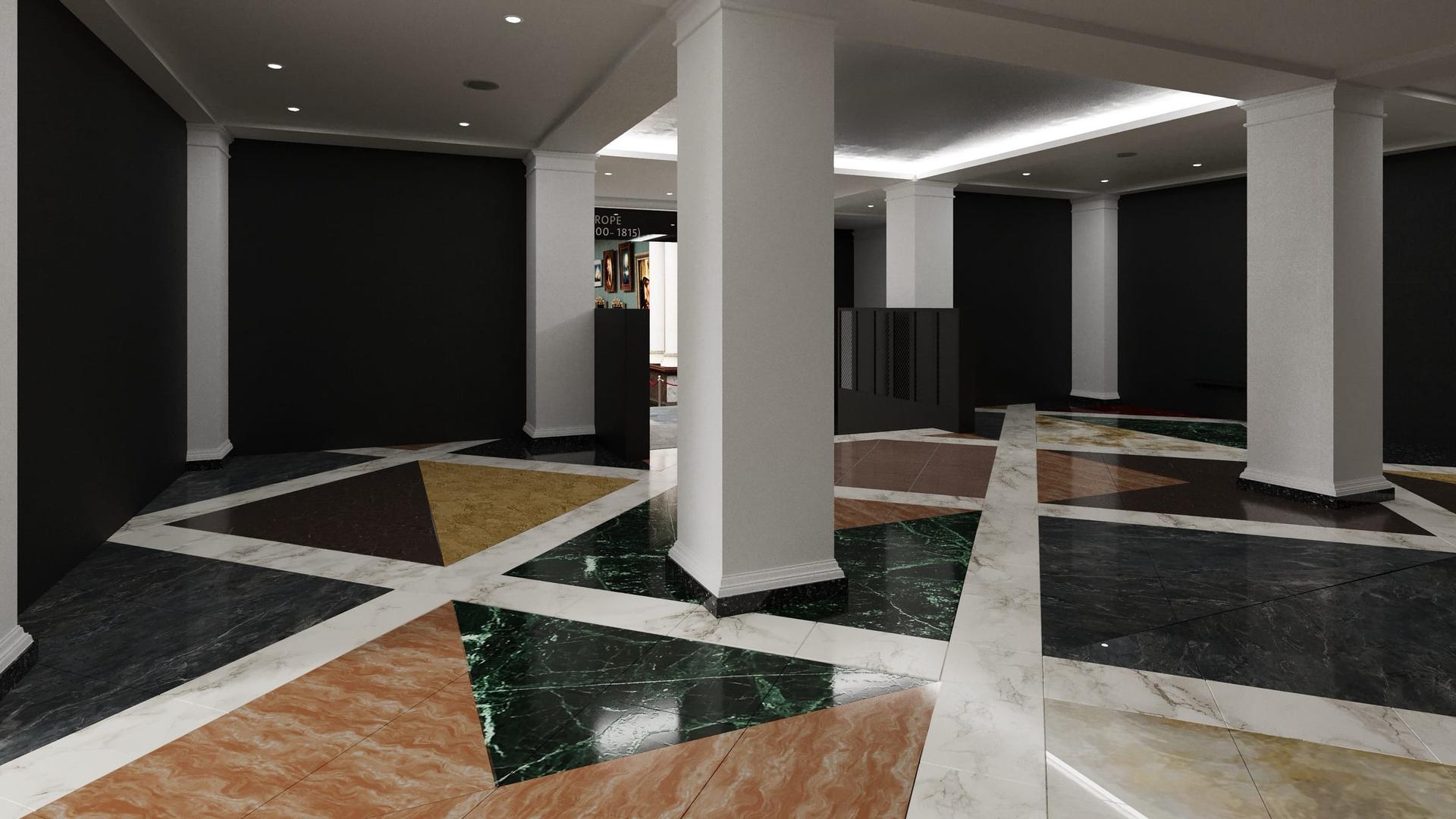 Geometric marble floor inlay running between columns and black wall panels in a gallery interior