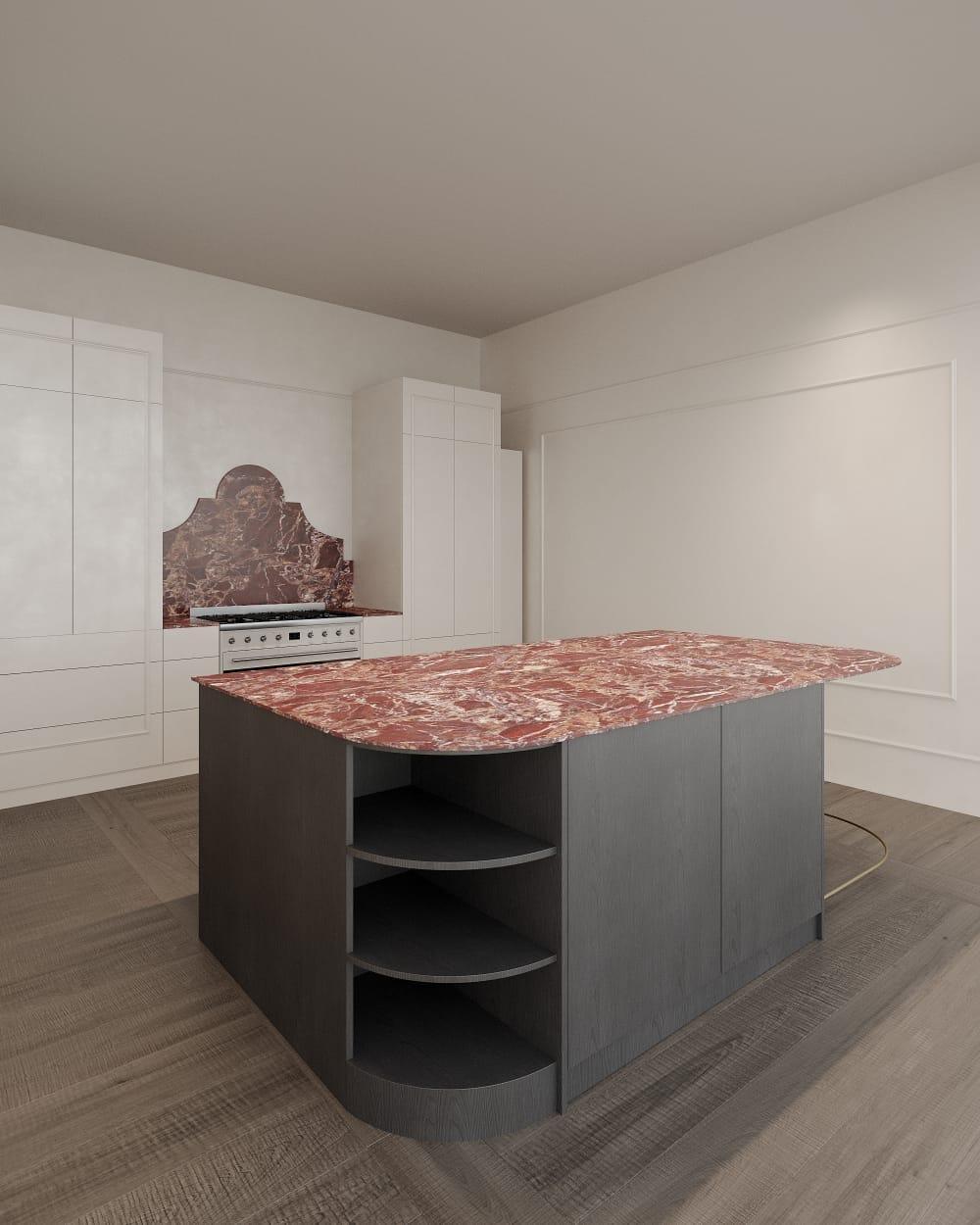 Kitchen visualisation — a rosso marble island top on dark units with curved open shelf ends