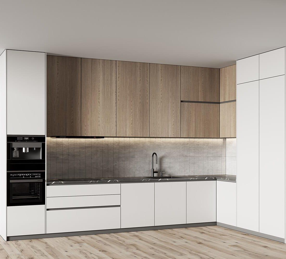 Kitchen visualisation in oak and white handleless units with integrated appliances