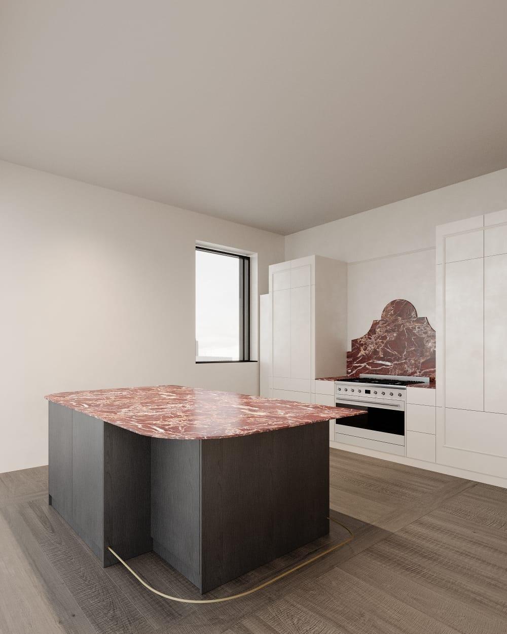 Kitchen visualisation — rosso marble island and splashback against white panelled units and a range