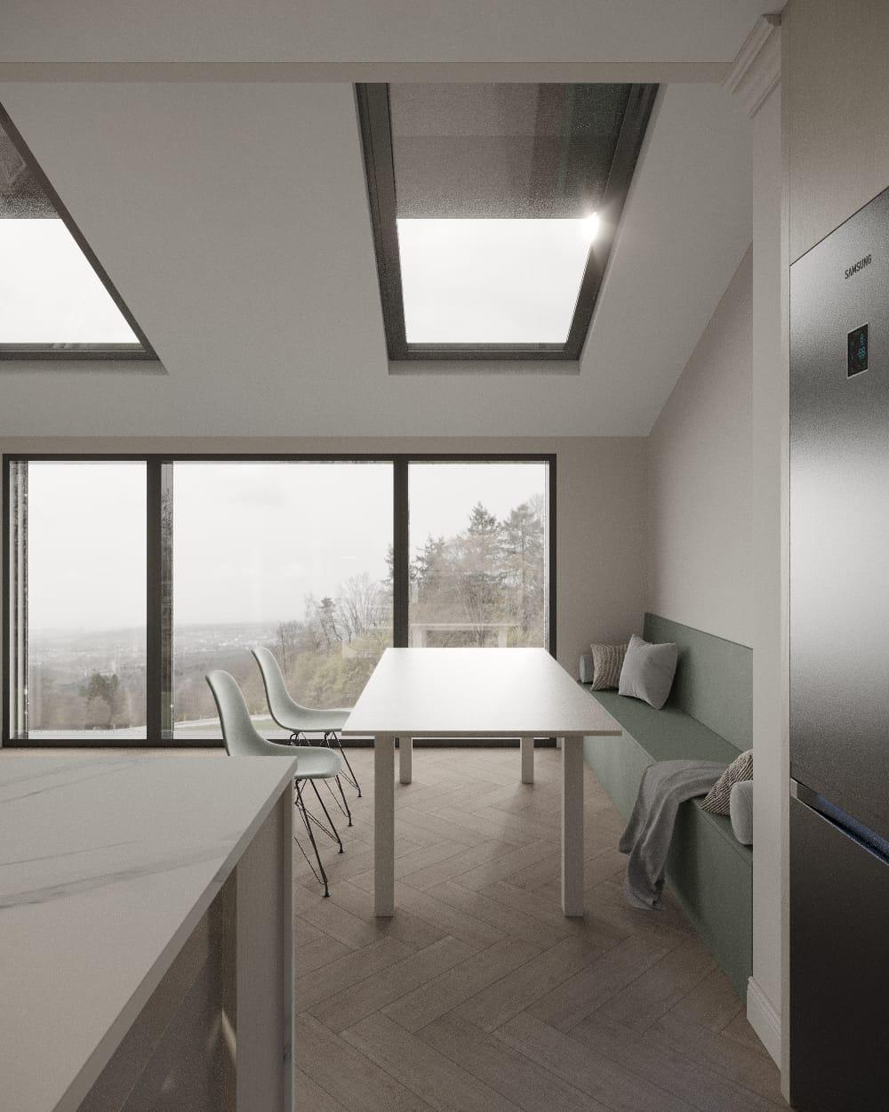 Dining area visualisation with recessed rooflights, a fitted banquette and a corner window
