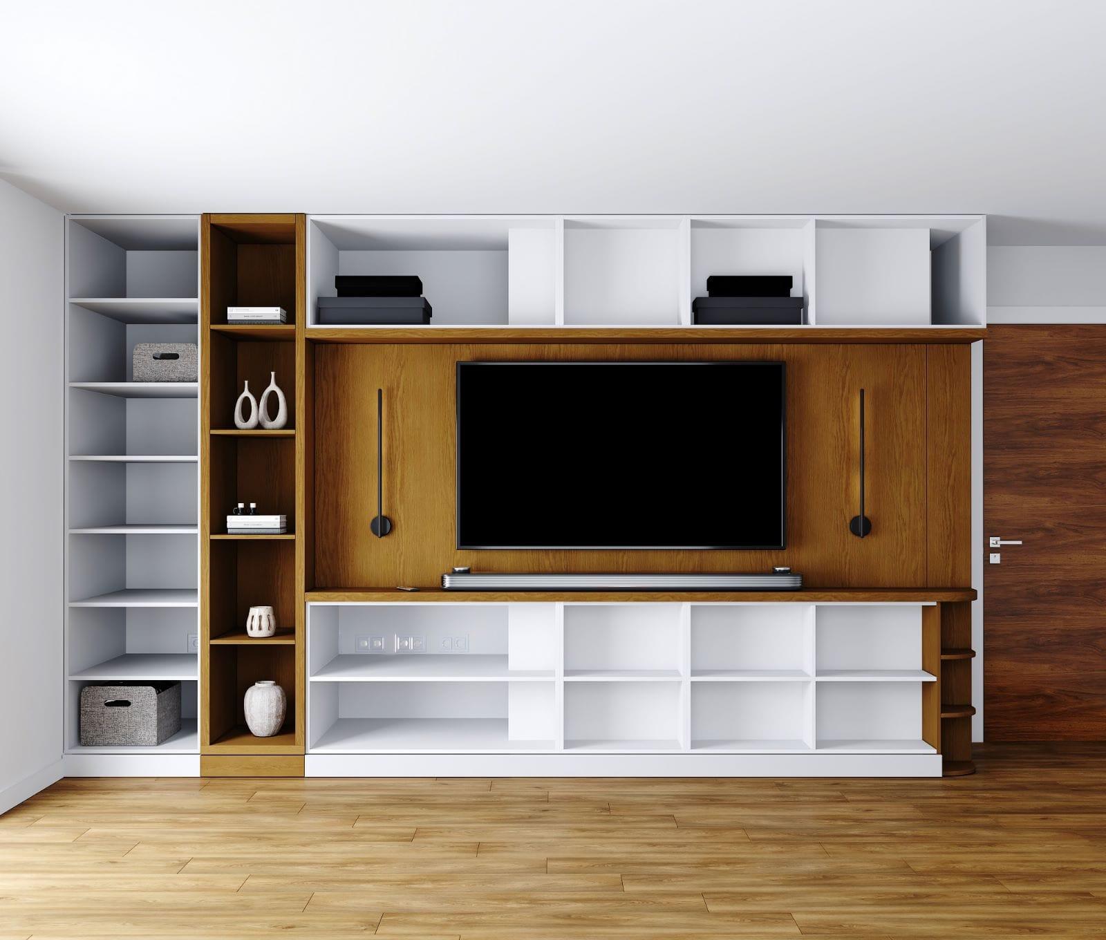 Media wall joinery visualisation in oak and white, with open shelving either side of the screen