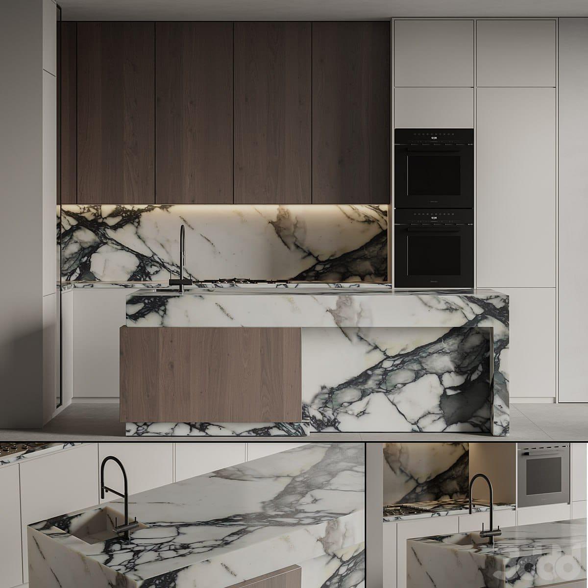 Kitchen in walnut and stone — a book-matched marble splashback and island, shown with two detail crops