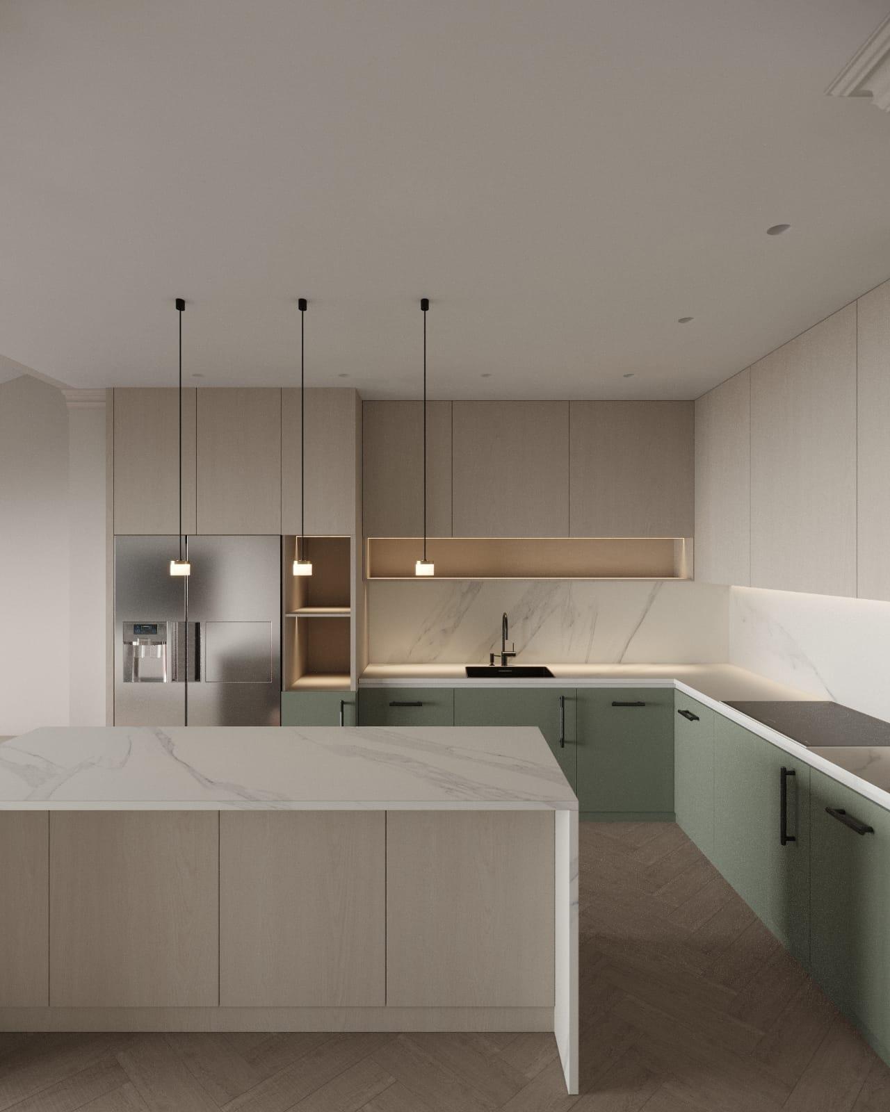 Kitchen visualisation with sage base units, pale tall units and a marble-topped island