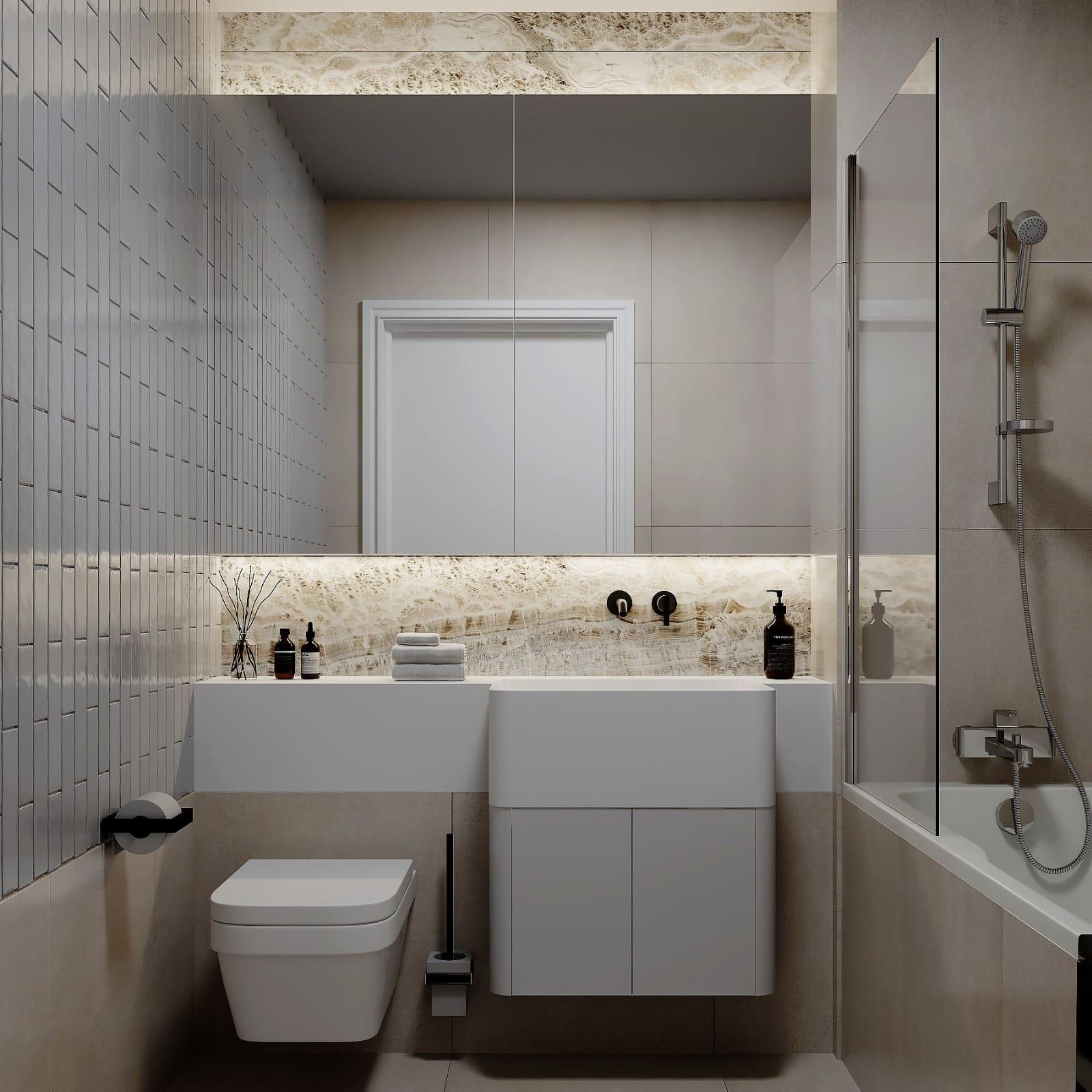 Bathroom visualisation — vertical stack-bond tiling, a stone shelf over the bath and a wall-hung WC
