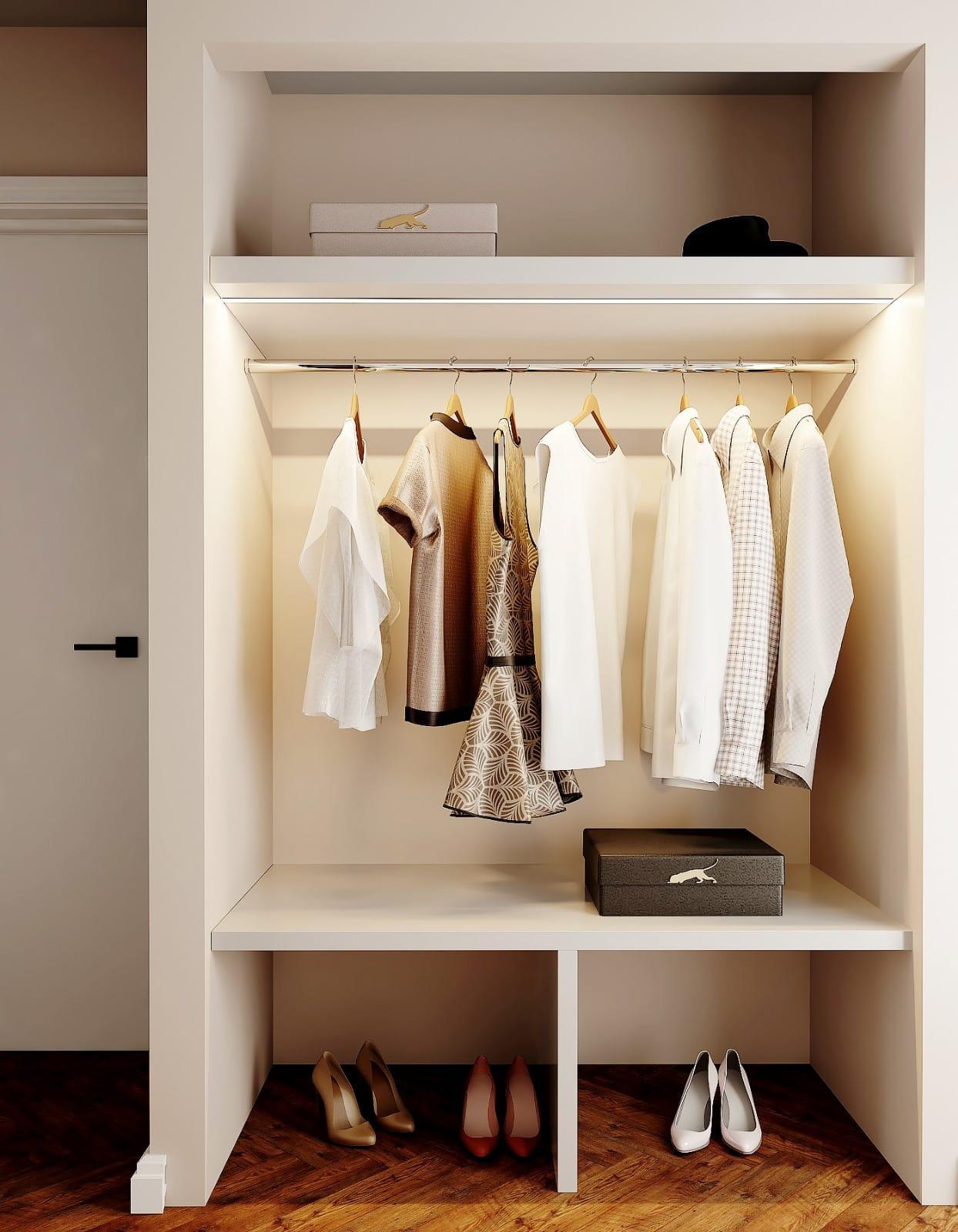 Visualisation of an open wardrobe niche with a backlit hanging rail and shelving above