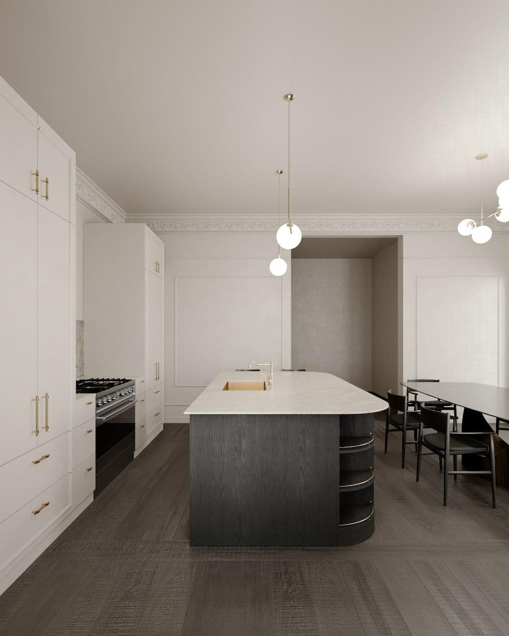 Kitchen visualisation with white in-frame units, a dark island and a dining table beyond