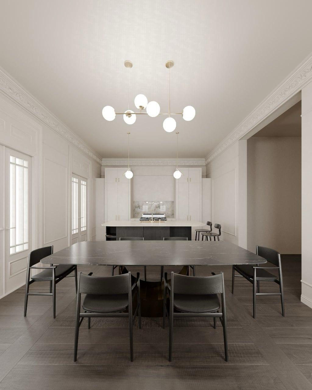 Dining room visualisation with a globe chandelier over a long table, the kitchen beyond