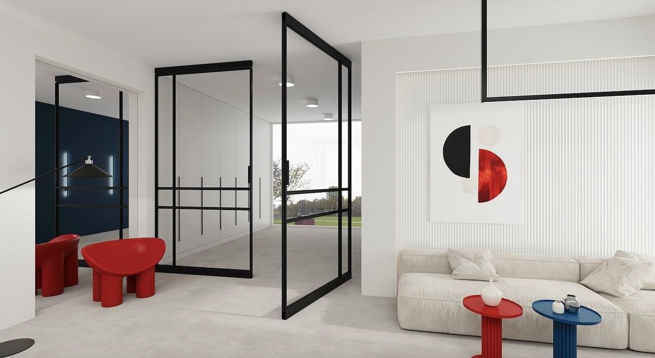 Open-plan hall and living room divided by black steel glazed screens