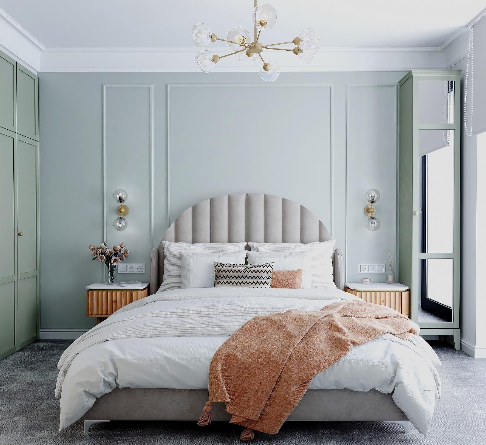 Bedroom visualisation with sage panelling, a fluted headboard and fitted wardrobes