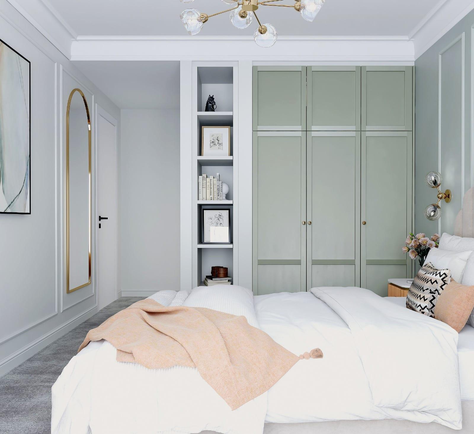 Bedroom visualisation with an arched mirror between sage fitted wardrobes