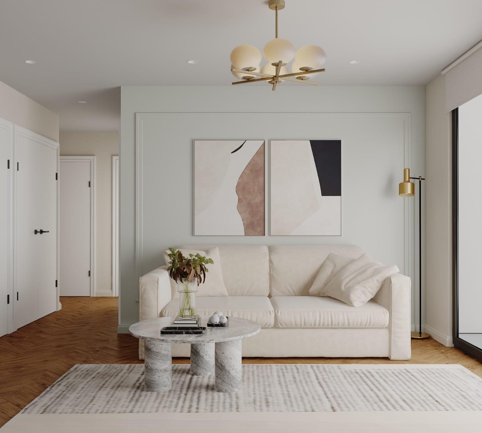Living room visualisation with a white sofa, a stone coffee table and a herringbone floor