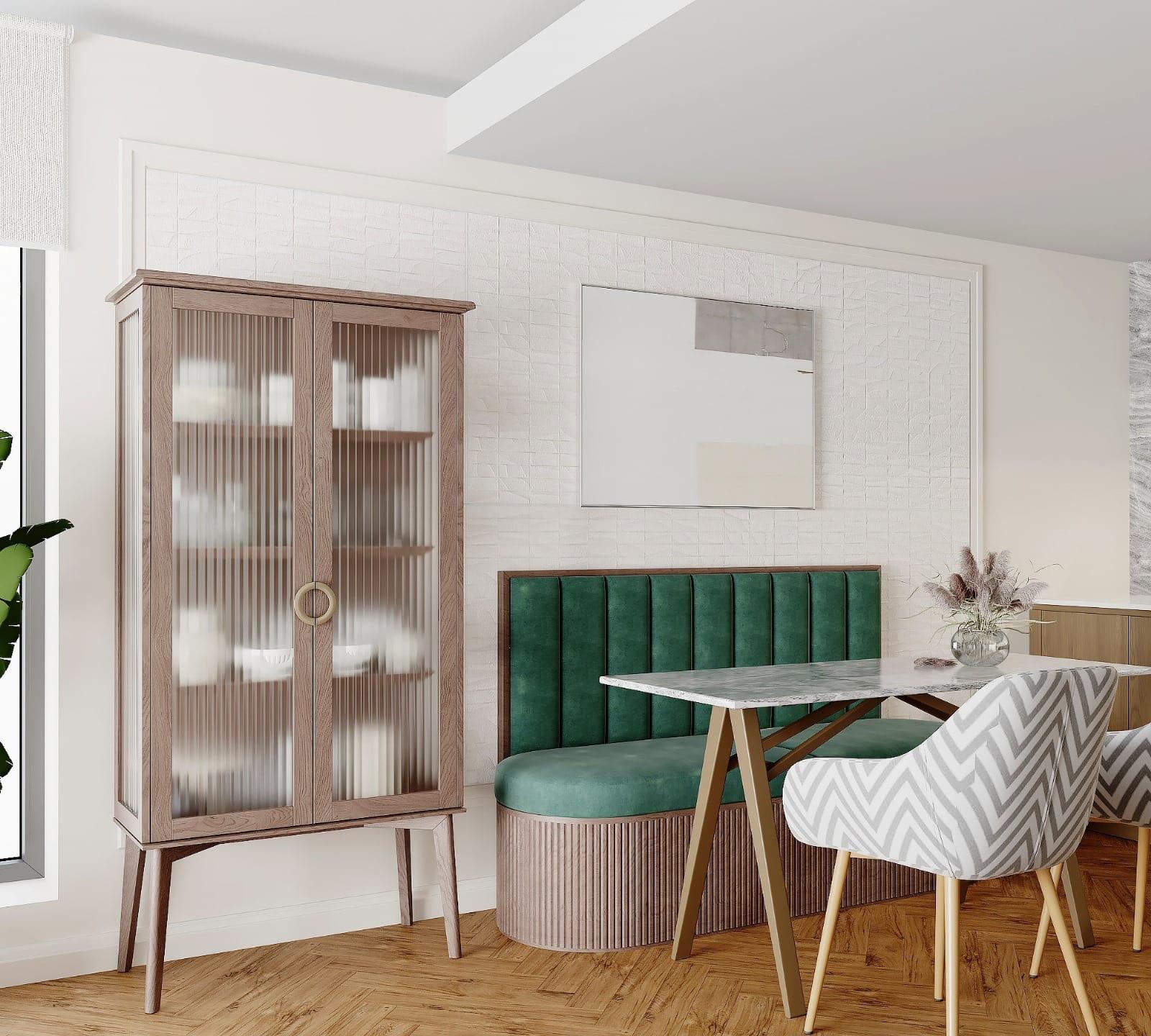 Dining nook visualisation with a green upholstered banquette and a fluted display cabinet