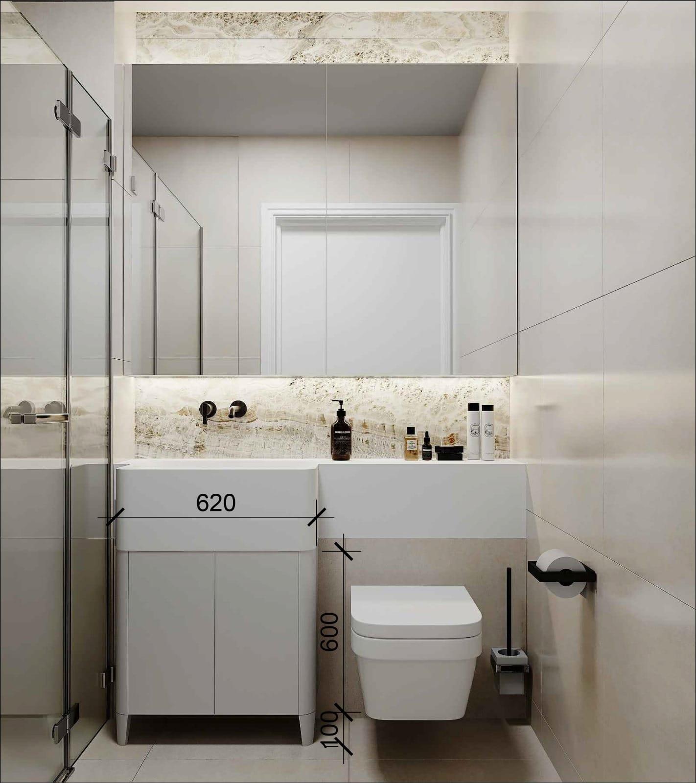 Bathroom visualisation marked up with vanity and WC setting-out dimensions in millimetres