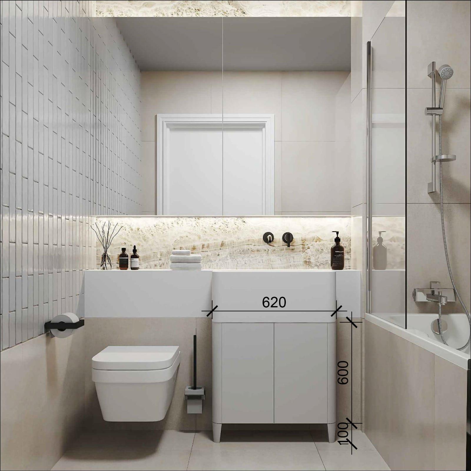 Bathroom visualisation marked up with setting-out dimensions, shown with the bath and shower run