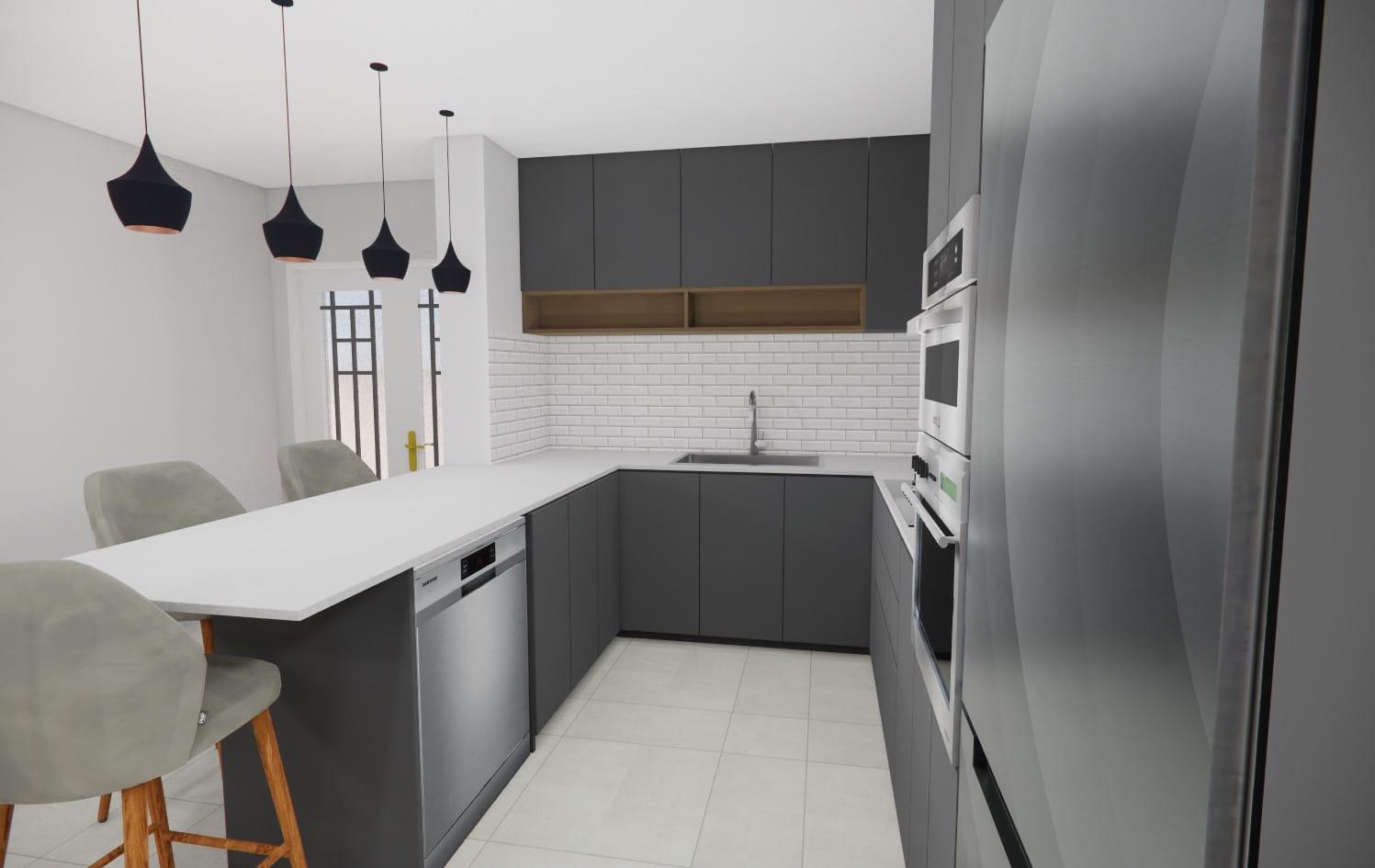 Kitchen visualisation with dark grey units, a white peninsula and upholstered bar stools