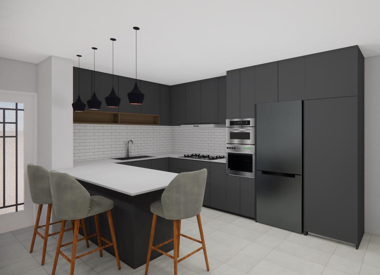 Kitchen visualisation with dark grey units, pendant lights over a white peninsula and a metro tile splashback