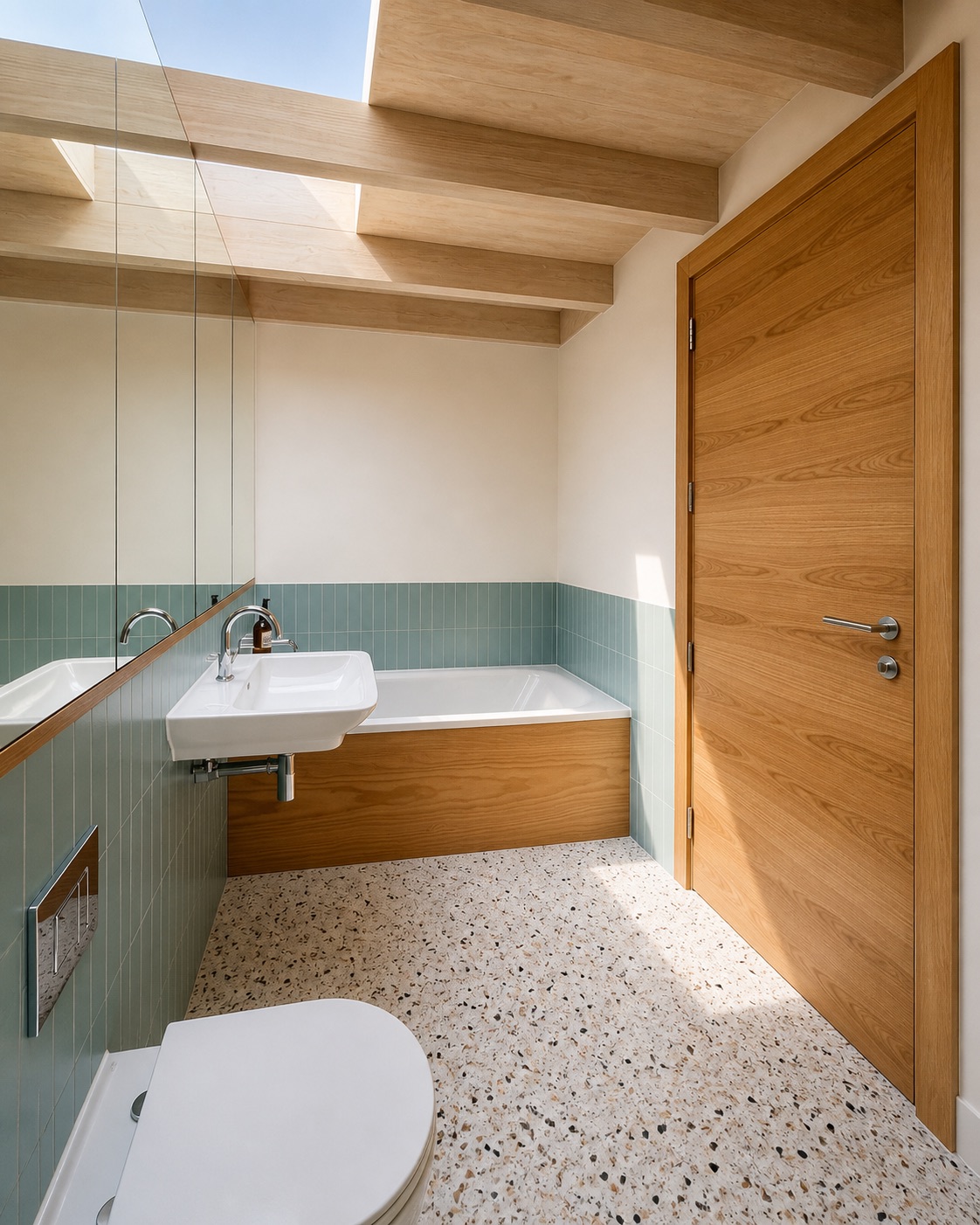 Teal tiled bathroom under a rooflight — Stack-bonded teal tile, oak-paneled bath and matching door, terrazzo floor, exposed oak ceiling beams