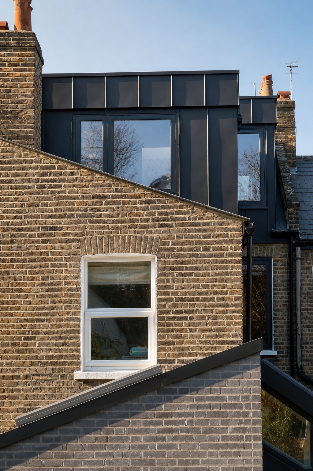 Finished standing-seam zinc dormer with dark aluminium windows, above a London stock brick gable